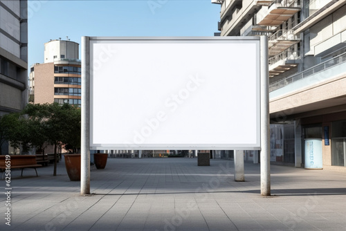An empty huge poster mockup on the roof of a mall; white template placeholder of an advertising billboard on the rooftop of a modern building framed by trees; blank mock-up of an outdoor info banner