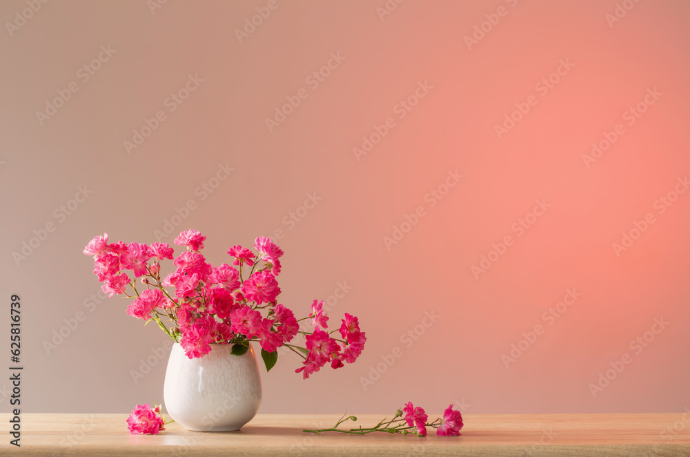 pink roses in ceramic vase on light red background