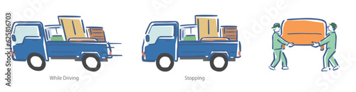 荷物を運ぶ引越し業者、荷物を積んだトラック、ベクターイラスト