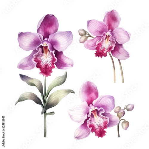 orchid flower set watercolor vector illustration.isolated white background. wedding invitation, print, sublimation, mug, tshirt, tumbler