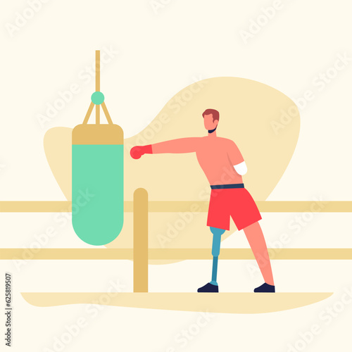 Young man with prosthetic leg playing boxing. Human with special needs actively spend free time. Adaptation of people with injuries to social life. Flat vector illustration in cartoon style