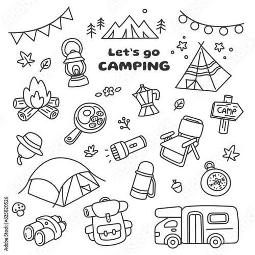 Let's go Camping. Holiday picnic trip. Camping gear set. Set of camping kit vector. Flat cartoon outline doodle style vector illustration.