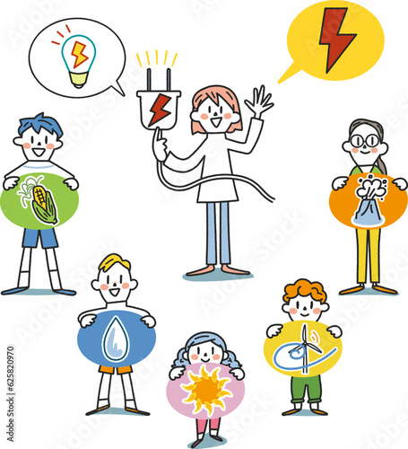 子供たちの未来と再生可能エネルギー　太陽光発電と小学生　イラスト素材

