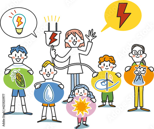 子供たちの未来と再生可能エネルギー　太陽光発電と小学生　イラスト素材
