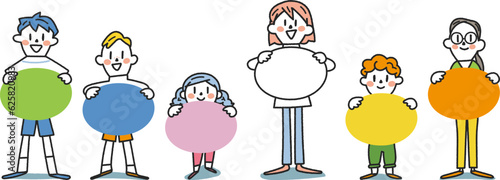 小学生たちのパネルディスカッション　丸いパネルを掲げた小学生たち　イラスト素材

