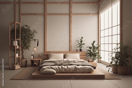 Modern minimalistic bedroom interior in Japandi style in beige colours. AI generated © Valery