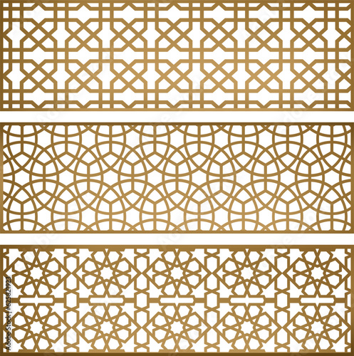  Mashrabiya Design, Arabic Golden Vector Pattern, Arabesque Background, Wooden Window and Door Texture,