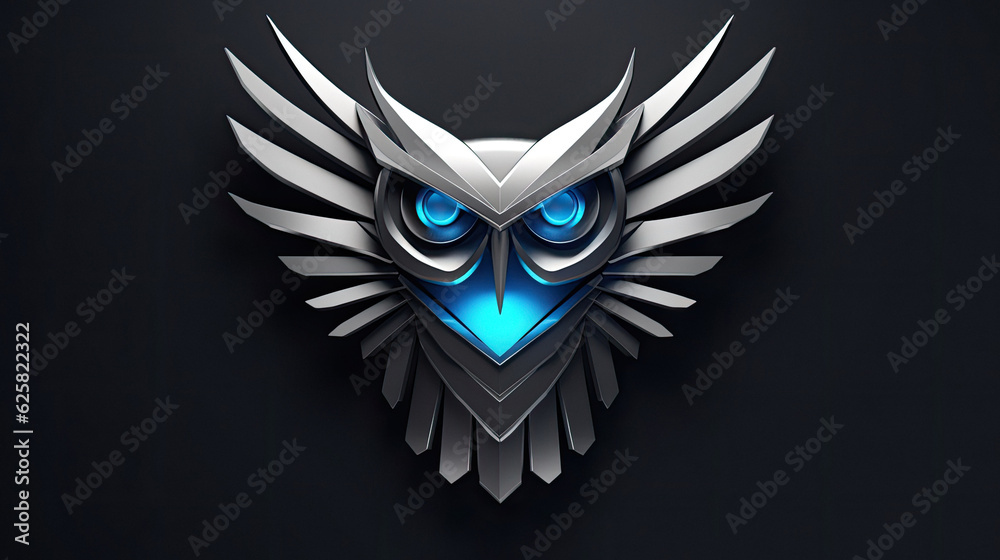 3d metallic owl logo silver dark background blue light