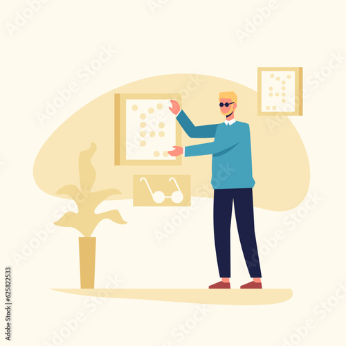 Blind male character standing near braille card and reading. Adaptation of people with injuries to social life. Support for disabled person. Flat vector illustration in cartoon style