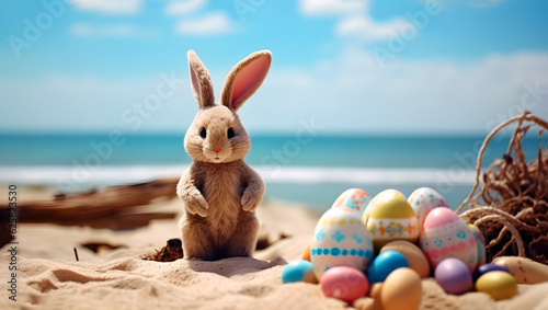 Cute Easter bunny with Easter eggs on beach. Generative AI