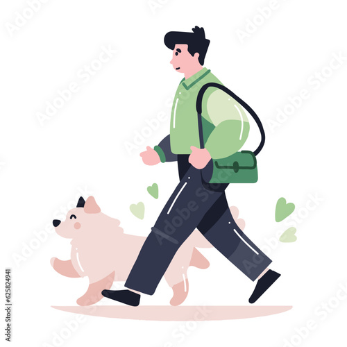 Hand Drawn young man with dog in flat style