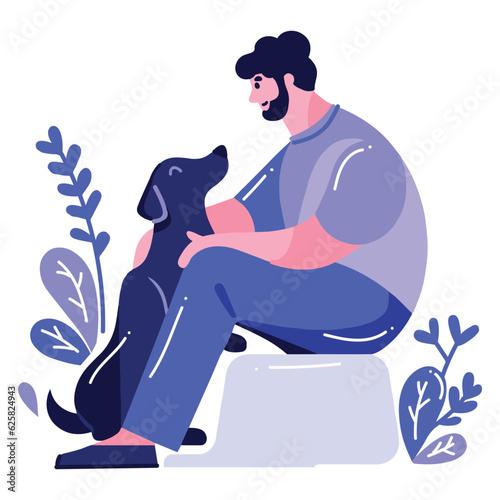 Hand Drawn young man with dog in flat style