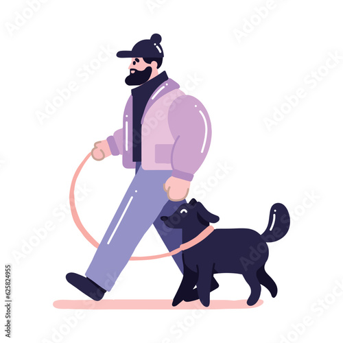 Hand Drawn young man with dog in flat style