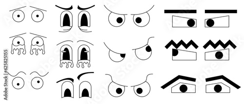 Set of simple black Cartoon Eyes with editable stroke. Collection of Trendy trippy groovy Eye with different emotion. Vector illustration in Psychedelic retro style.