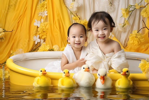 two girls in tub floating in pool with yellow duck toy in water, Generative Ai photo