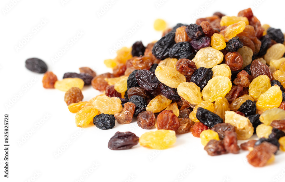 Black and yellow raisins isolated on white background. Black and yellow raisins isolated on white background.