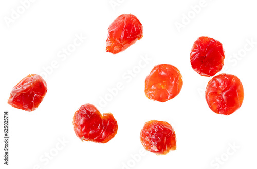 Dried red goji berries isolated on white background. Top view