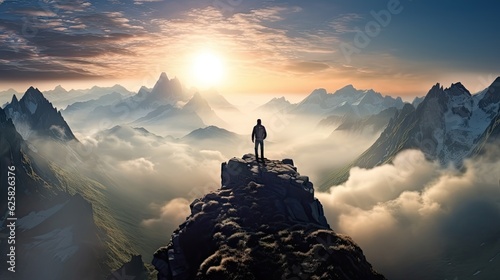 Silhouette of a person standing on the top of mountain peak with high sky background. Generative AI