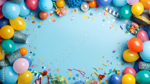 Birthday party background on blue, Top view, Frame made of colorful serpentine, balloons, candles, candies and confetti,