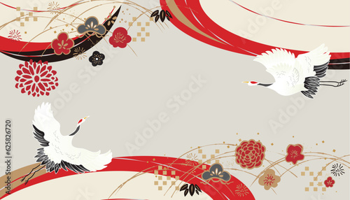 鶴のいる美しい和柄イラスト