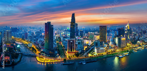 Panoramic of Ho chi minh city or Saigon city at twilight in Vietnam. photo