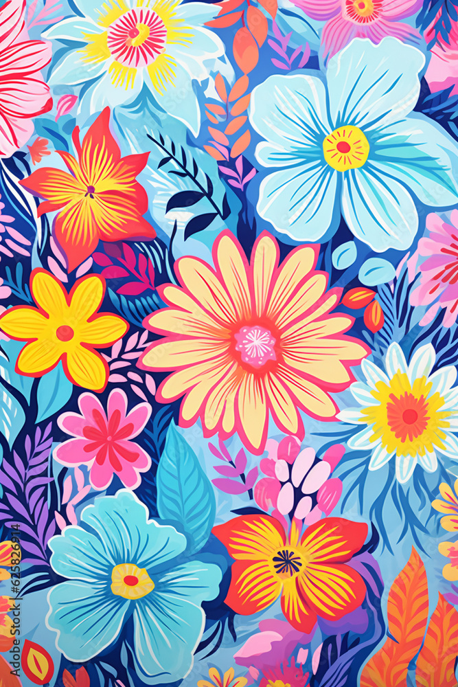 risograph printing style floral pattern in bright vibrant colors, AI generative