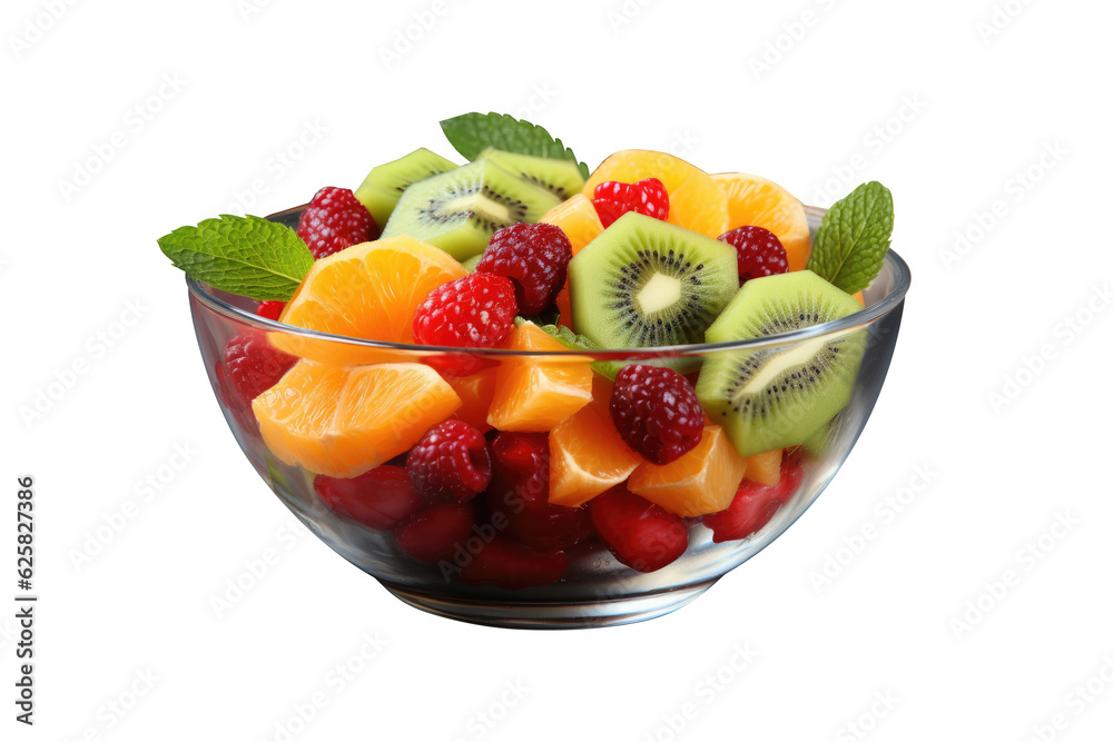 Fresh fruits salsd in glass bowl isolated on transparent background. Generative Ai