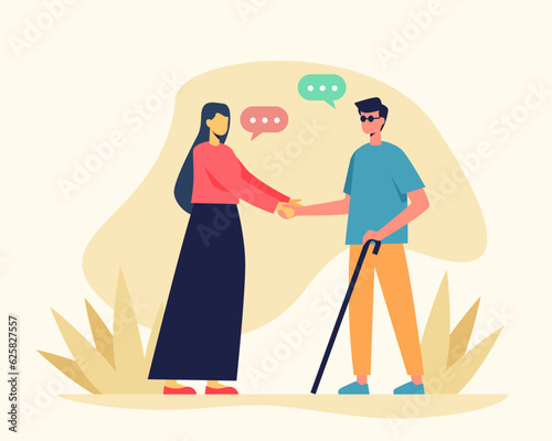 Blind man shaking hands to female and talking outside. Adaptation of people with injuries to social life. Support for disabled person. Workplaces for people with physical disabilities, inclusion