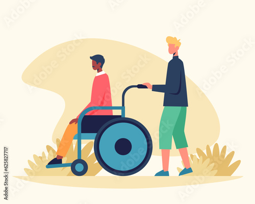 Adult man carry man on wheelchair outside. People with special needs undergoing rehabilitation. Recovery process of disabled person after injury concept. Flat vector illustration