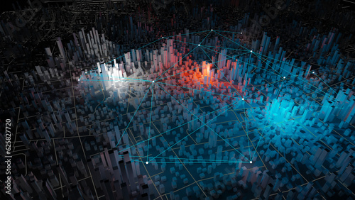 Billede på lærred Night view concept background of networked intelligent smart city, 3d rendering