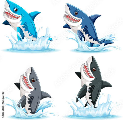 A cartoon illustration of a great white shark with big teeth, smiling and leaping out of the water