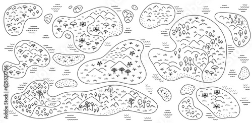 Fictional islands map sketch. Editable outline. Vector line.