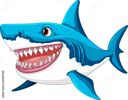 A cartoon illustration of a great white shark swimming and smiling, isolated on a white background
