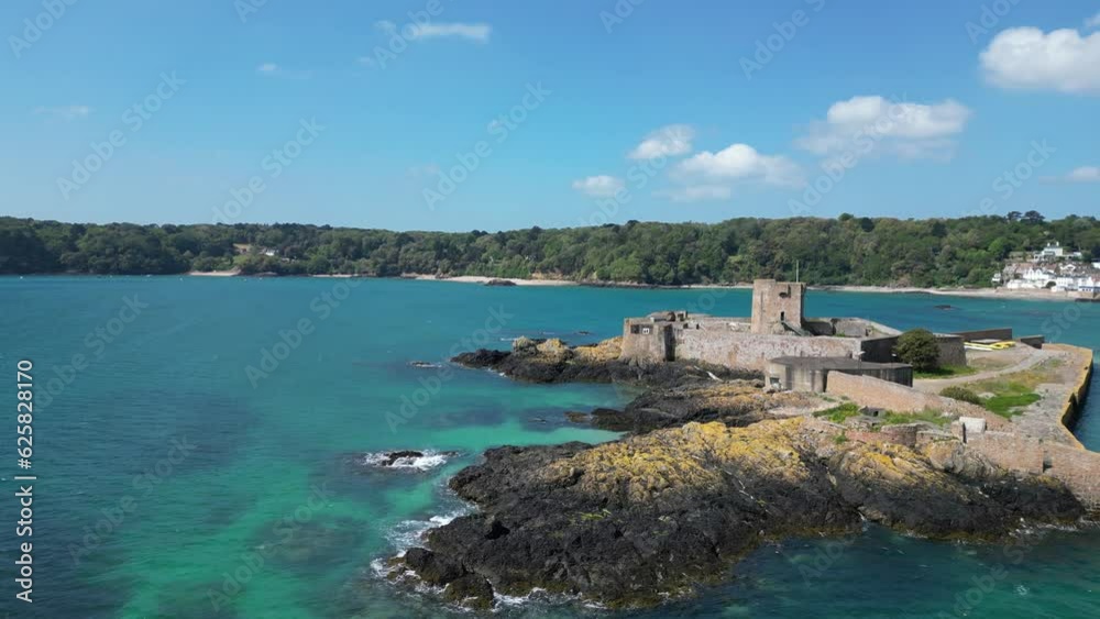 Panning shot St. Aubin's Fort, Jersey drone,aerial Panning shot St. Aubin's Fort, Jersey drone,aerial