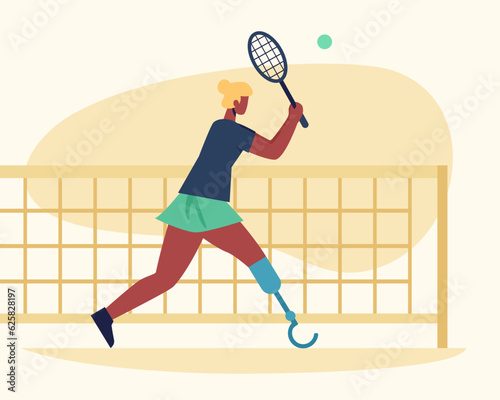 Young sporty female with prosthetic leg playing tennis. Human with special needs actively spend free time. Adaptation of people with injuries to social life. Life of people after injury, disability
