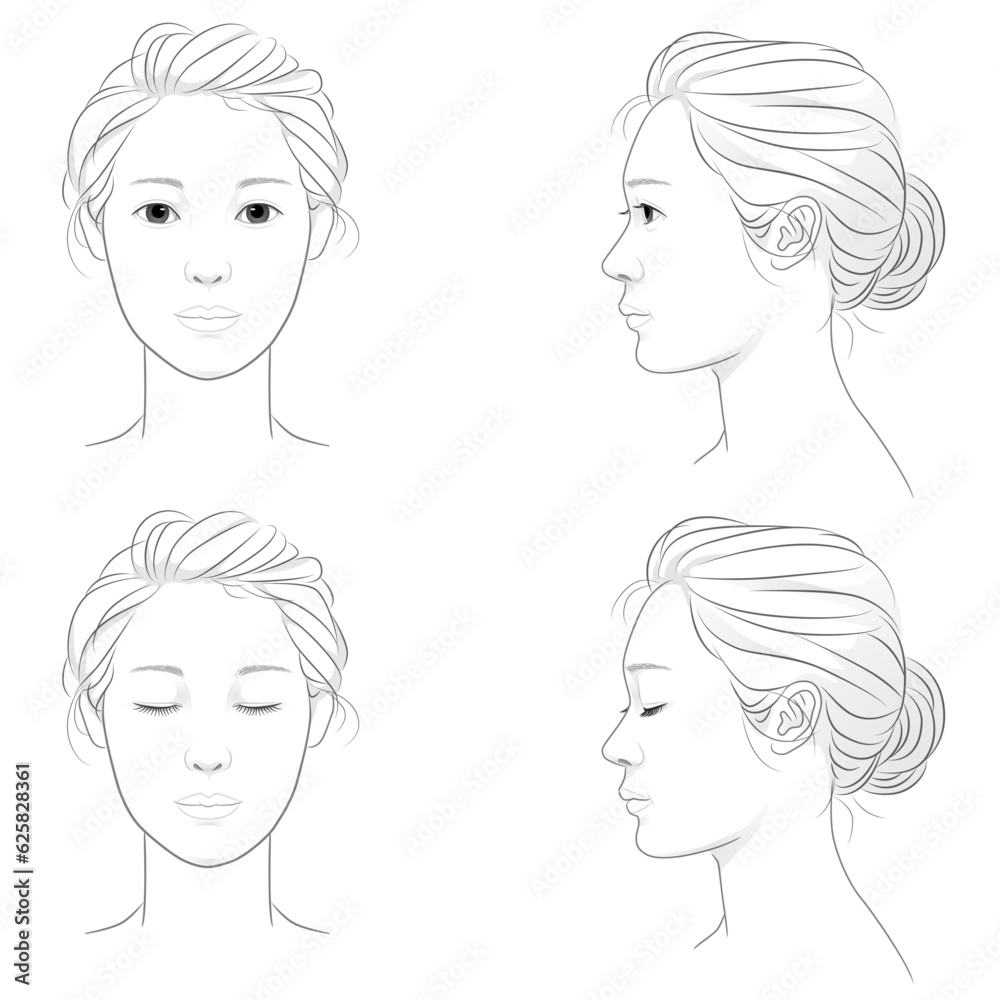 若い女性の顔の線画イラストセット 若い女性の顔の線画イラストセット