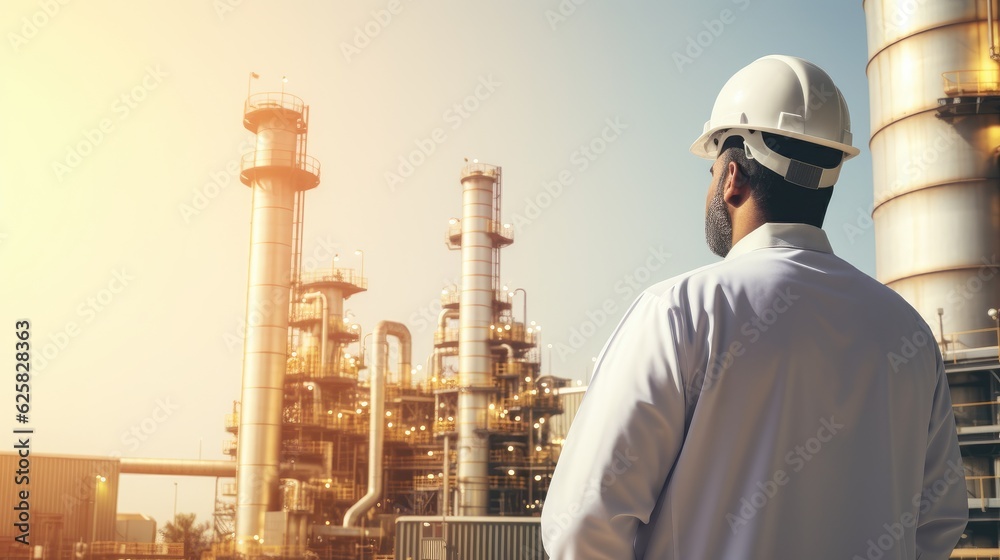Muslim in clothes standing in front of oil rig and refinery background. Generative AI Muslim in clothes standing in front of oil rig and refinery background. Generative AI