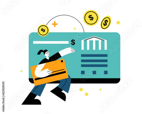 Young smart female holding credit card. Online banking management concept. Getting financial success and money growth. Financial investments. Flat vector illustration in cartoon style
