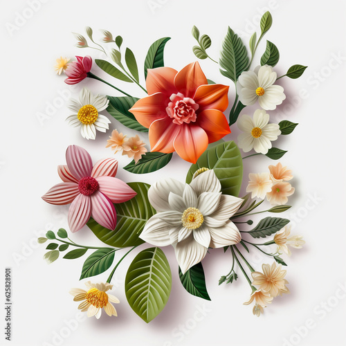 3D Botanical flowers clipart white background