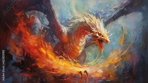 painting style illustration, fire dragon roaring with flame and smoke, Generative Ai