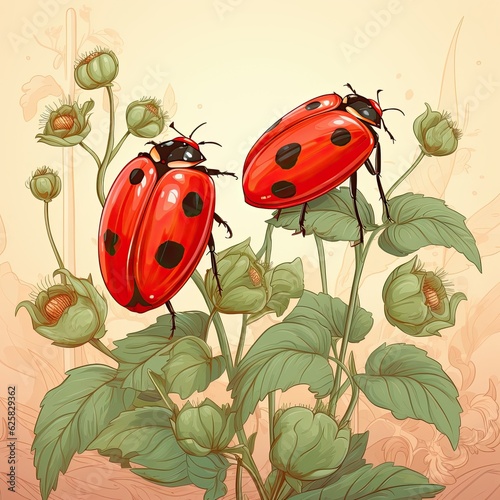 Two red bugs sitting on a plant. (Generative AI) © HandmadePictures