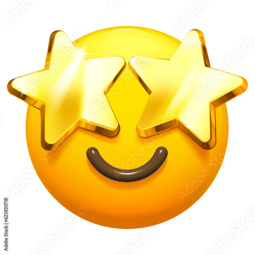 Starry eyed emoji. Golden stars for eyes excited emoticon with smile 3D stylized vector icon