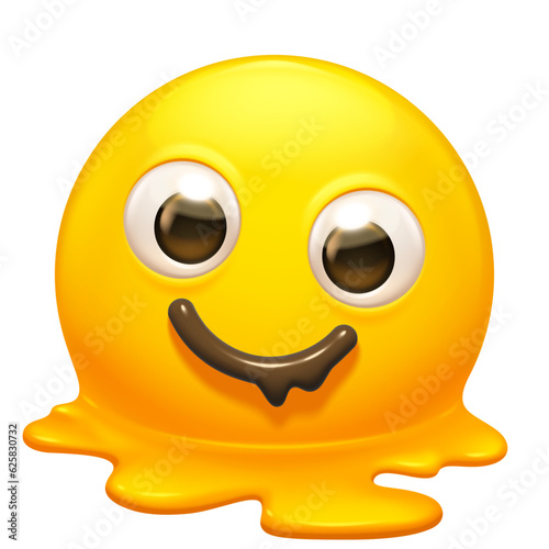 Melting emoji.  Melted 3D yellow face with exhausted smile, overheated smiling emoticon melting into a puddle vector icon