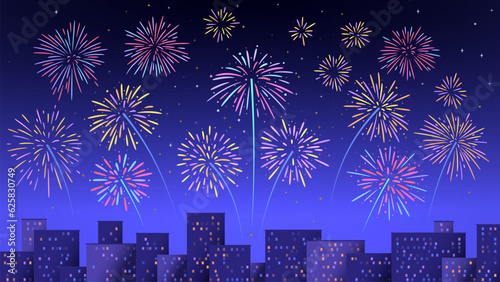 Fireworks over night city. Town celebrate holiday with firework show, night town buildings with glowing windows cityscape vector illustration