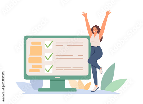 Female standing near big screen and check finished tasks. Successful completion of project, conclusion of profitable agreement. Job development, promotion. Success at work. Flat vector illustration