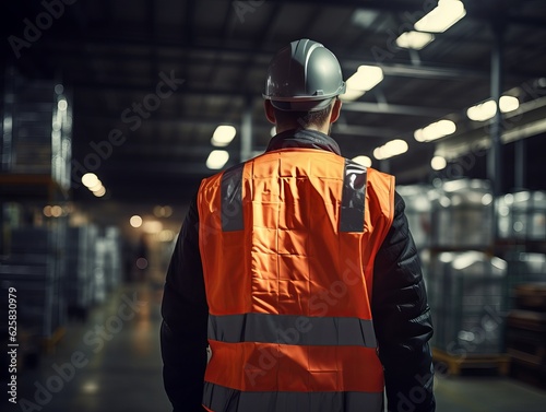A factory worker man wearing an orange work vest and grey safety helmet, standing back view in a factory. Generative ai