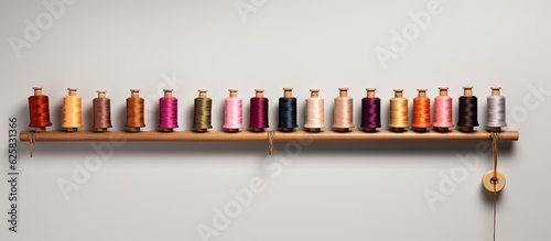 Photo of colorful spools of thread neatly arranged on a shelf with copy space
