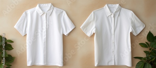 Photo of two white shirts hanging on a wall next to a plant with ample copy space with copy space