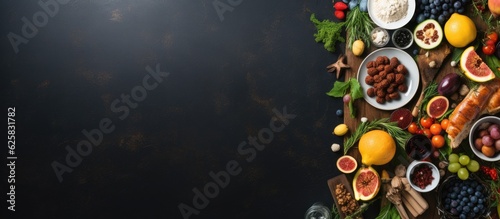 Photo of a colorful assortment of fresh fruits and vegetables on a table with copy space
