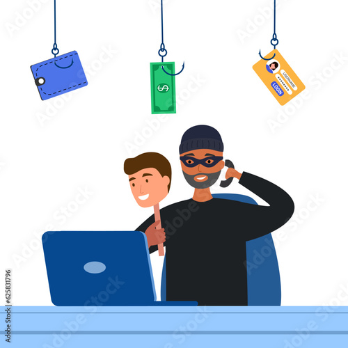 Online scam concept. Internet phishing hacker stealing money cybercrime from computer.